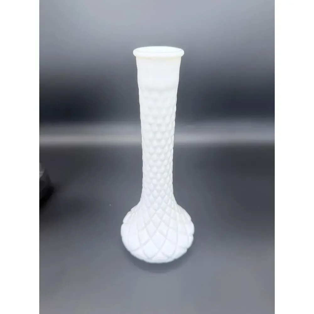 Vintage Randall No 5 Milk Glass Bud Vase Diamond Quilt 9 Inch White MCM